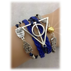 Armband - Heiligtümer des Todes - mit Schnatz (Snitch) und Schleiereulen, versilbert, blau, gold - Deathly Hallows & Wings Owls